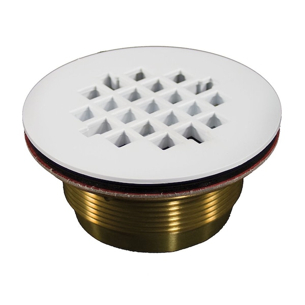 2in. No Caulk Shower Stall Drain with Brass Body and White Epoxy Coated Stainless Steel Strainer